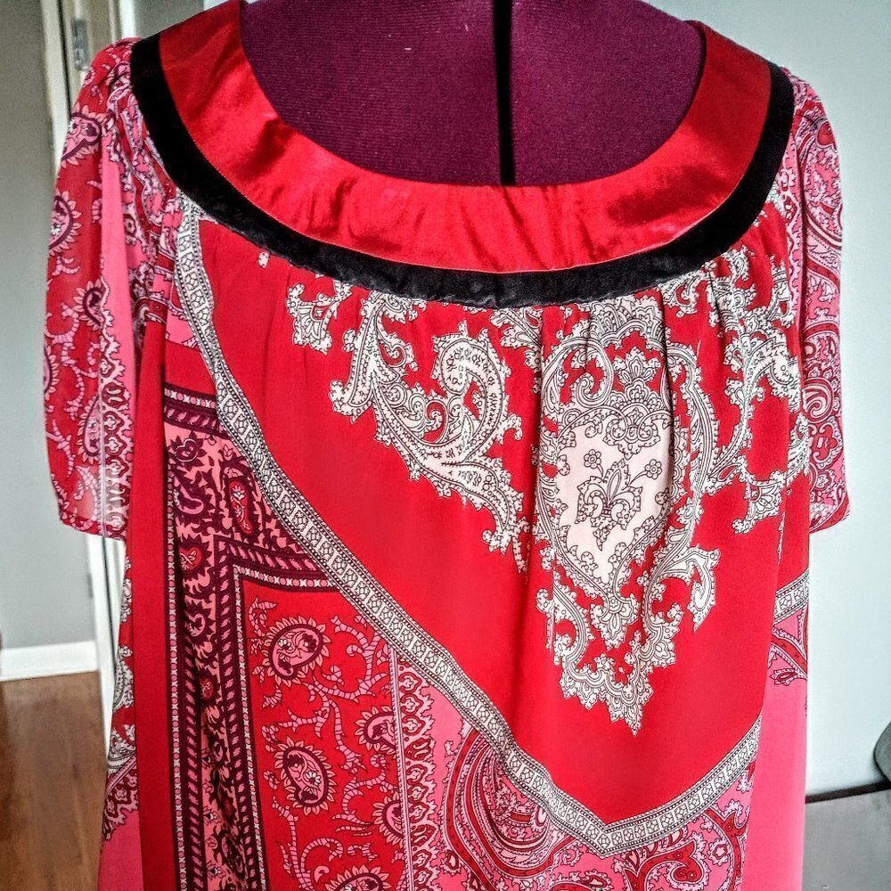 Venezia Red Abstract Print Satin Neck Tunic Top